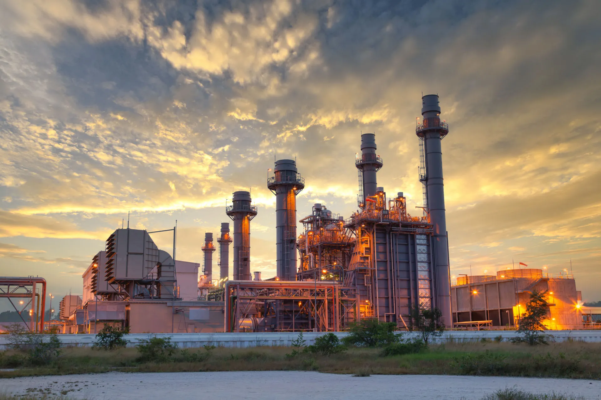 Gas turbine power plant at sunset